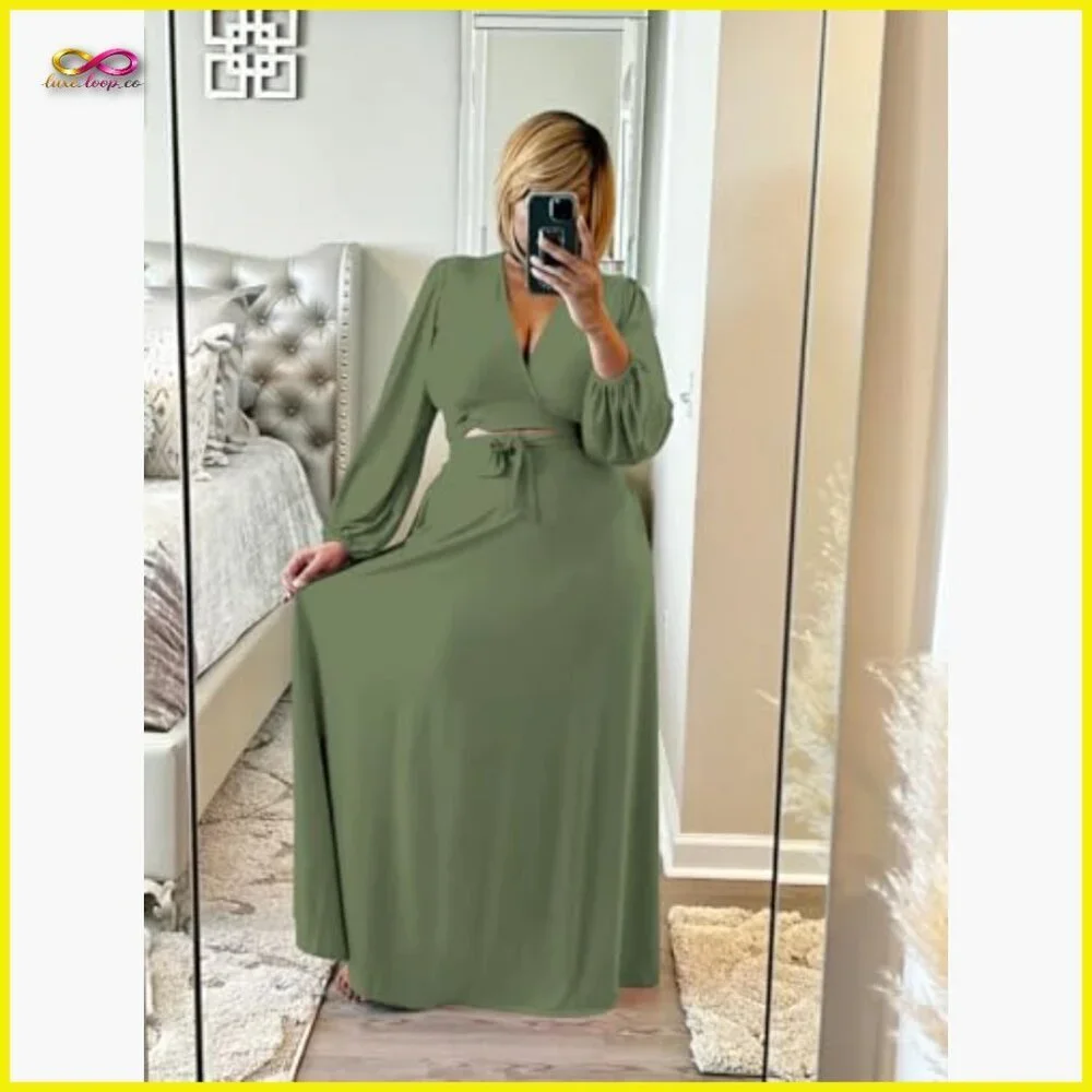 Wrap Crop Top Maxi Skirt Set Elegant Chic Matching Outfit Long Sleeve